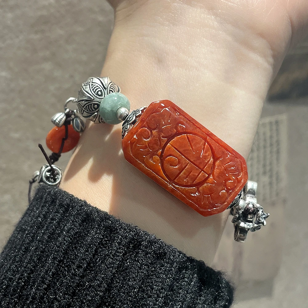 925银手链 S10029福字红色莲花平安扣中国结鱼纹珠花朵链银饰手链