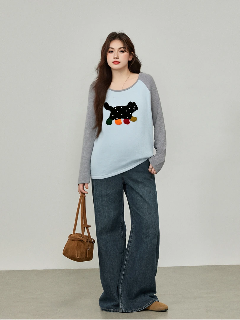 大码女装撞色插肩袖上衣女打底衫2025秋胖mm休闲刺绣针织衫