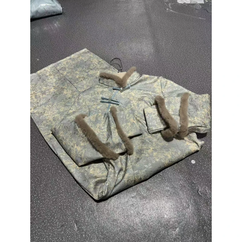 1645 蓝灰色 灰毛领 花色 转袖 【梦栢】 旗袍