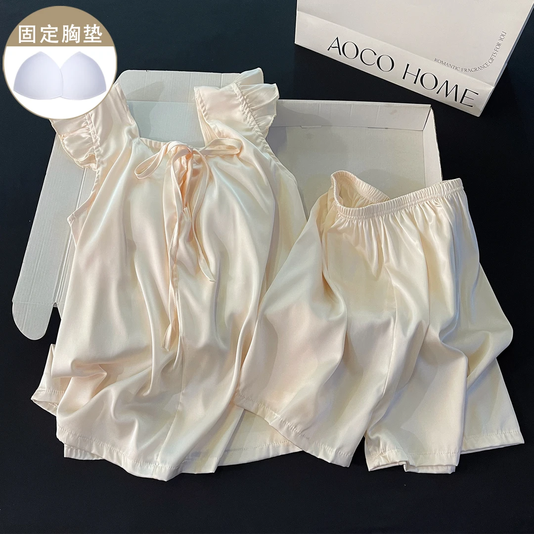 2025新款法式杏色蝴蝶结睡衣女带胸垫方领飞袖冰丝凉感家居服套装