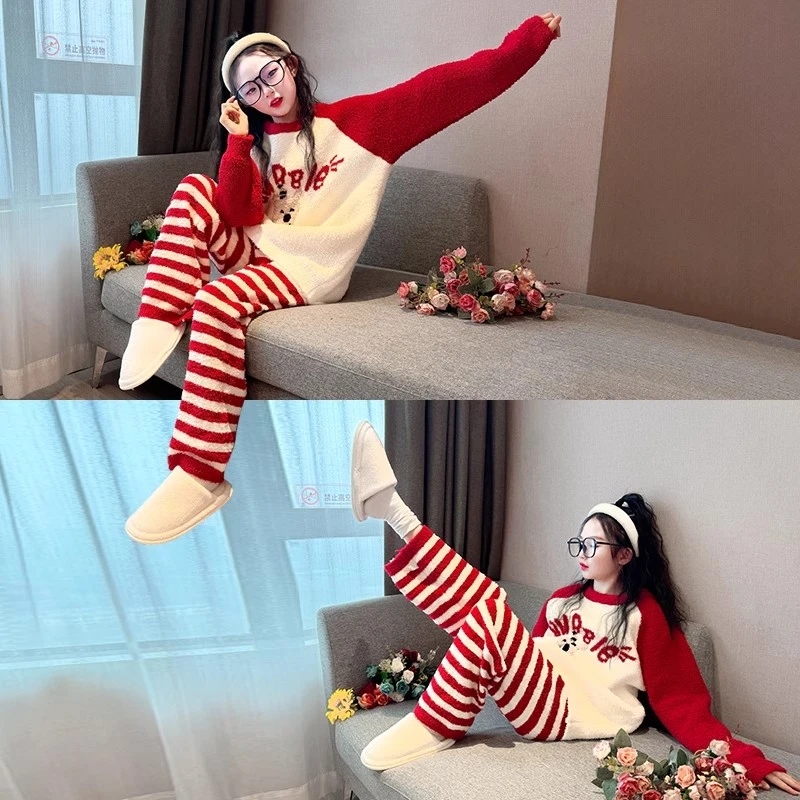 儿童珊瑚绒睡衣2025新款初中生冬装保暖半边绒家居服女童网红爆款