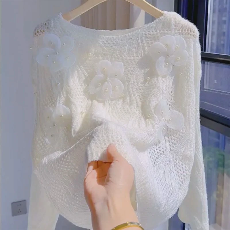 氛围感黄色花朵钉珠镂空微透针织衫春秋时尚百搭软糯慵懒风毛衣女