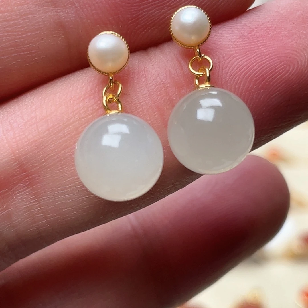 和田玉耳钉银S925镶嵌