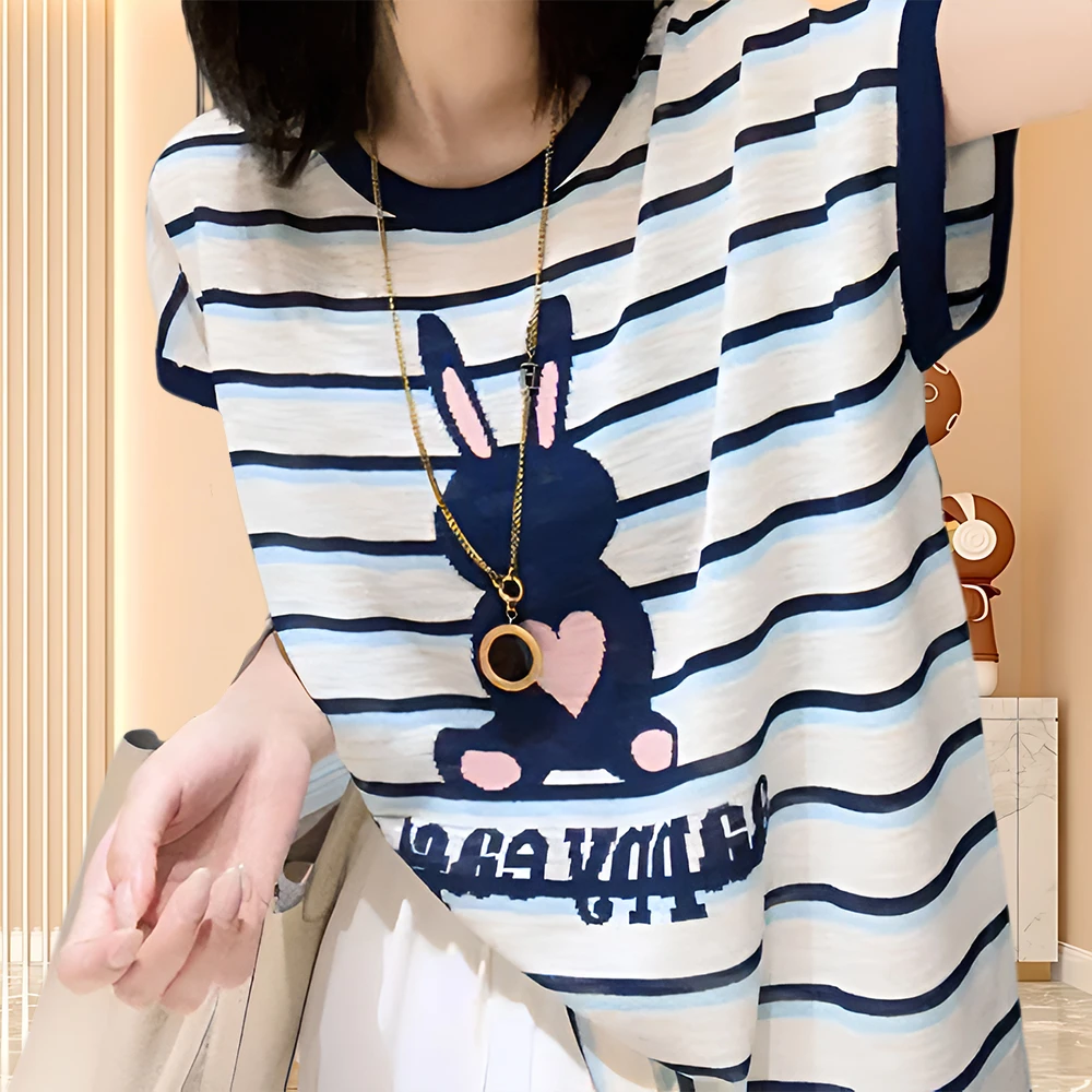 夏季竹节棉T恤洋气衣服女休闲t恤女百搭时尚圆领休闲条纹上衣短袖