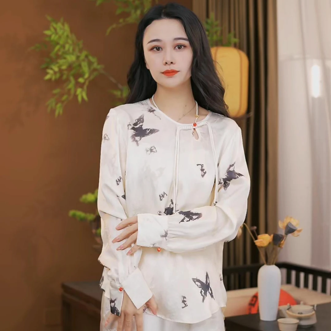 春季新款中式禅意风蝴蝶印花长袖时尚上衣女圆领长袖衬衫F096