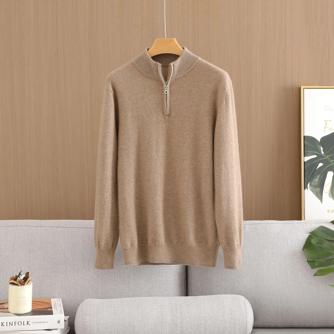 【秋冬上新】男士纯山羊绒半高领厚款休闲时尚纯色半拉链针织套头衫