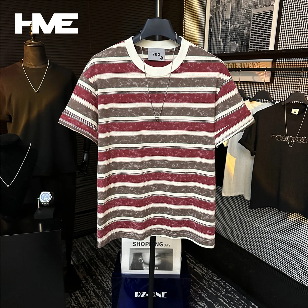 【HMEYAO】夏季扎染撞色极简条纹设计百搭休闲风微阔纯棉短袖T恤男