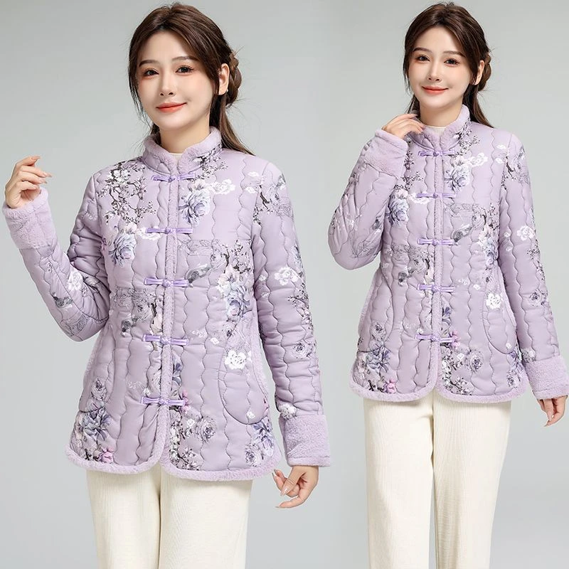 圆领新中式国风棉衣棉服女士唐装复古外套修身棉袄保暖国风印花棉