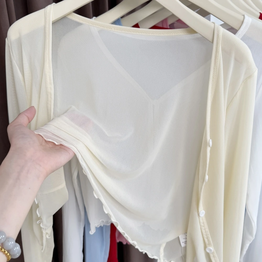 韩系纯色薄纱外搭女夏季2025新款设计感小众宽松气质薄款长袖上衣