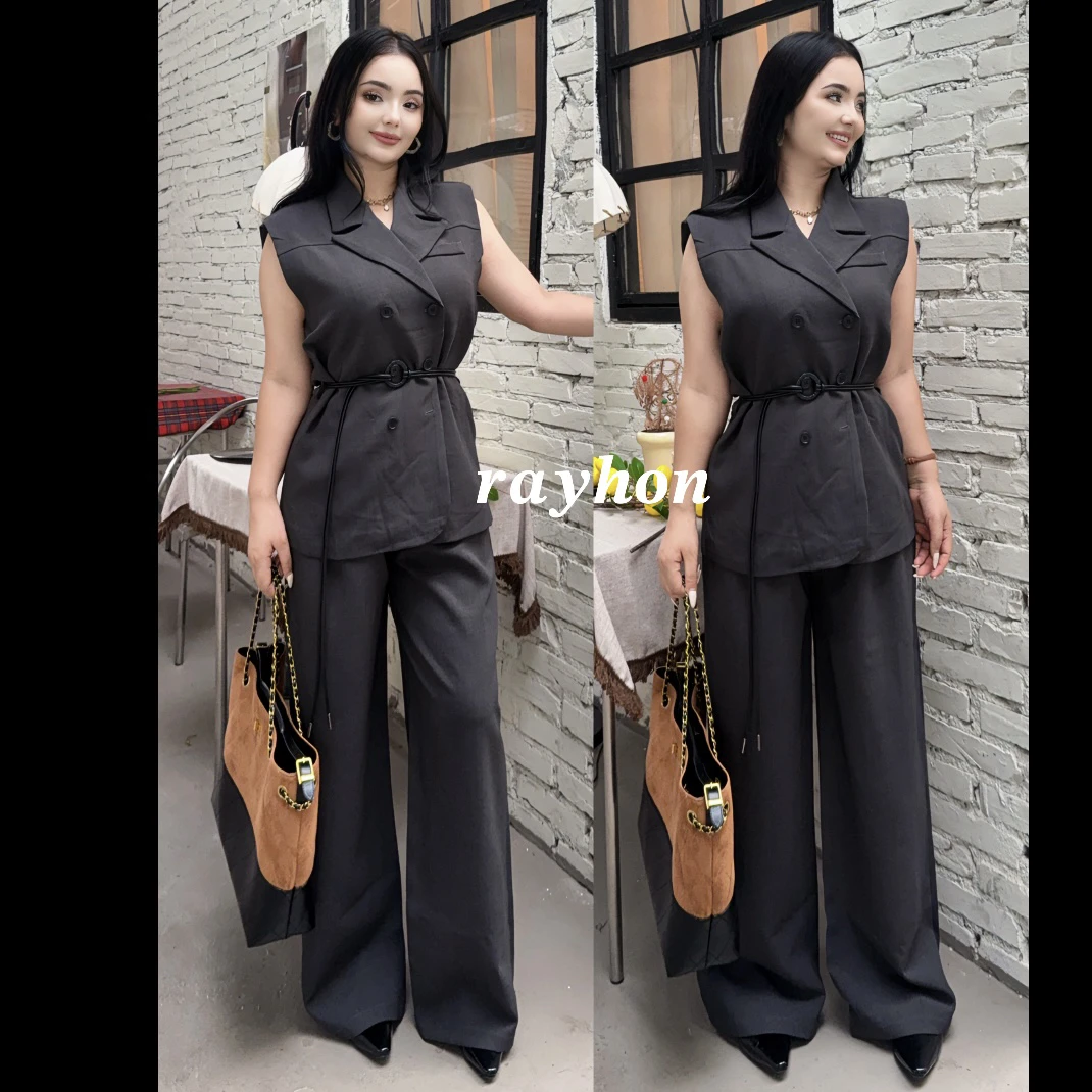 Rayhon透气显瘦气质宽松百搭夏季女款无袖西装马甲阔腿裤套装