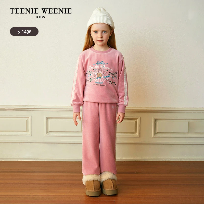 TeenieWeenieKids25年秋冬款女童天鹅绒刺绣套头卫衣TKMA258T69N