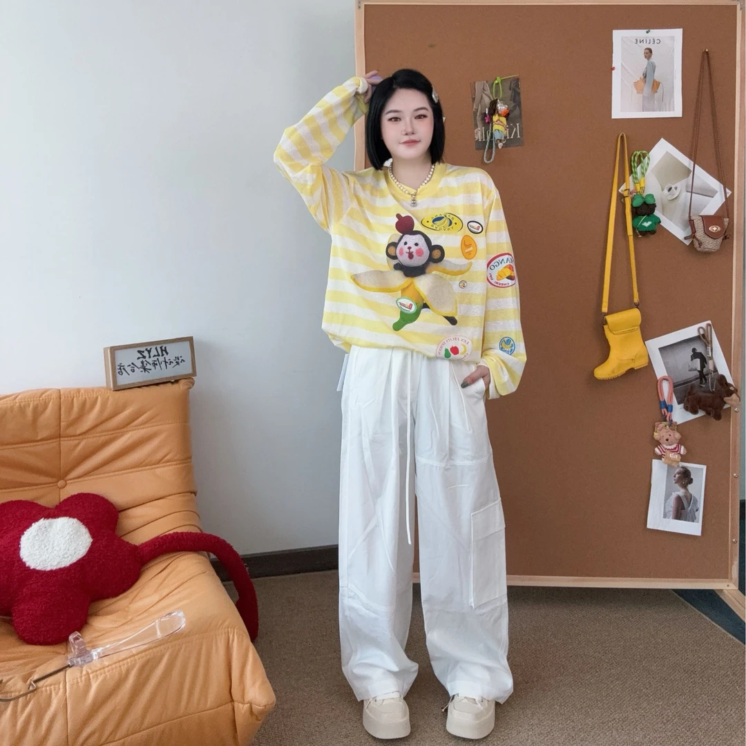 CHEERi UPi 2025夏新款不蕉绿小猴子条纹长袖T恤