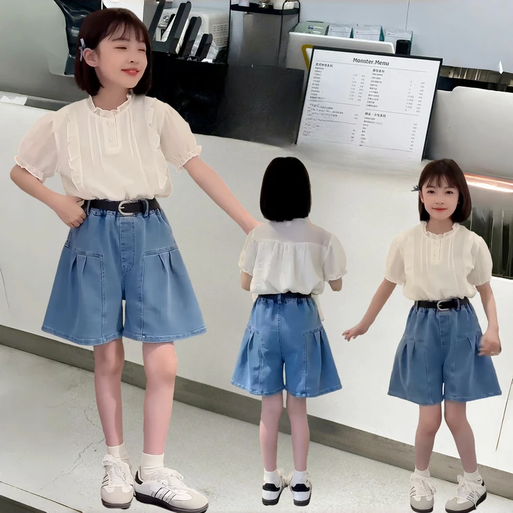 女童夏装套装2025新款儿童洋气娃娃衫上衣中大童牛仔短裙裤两件套
