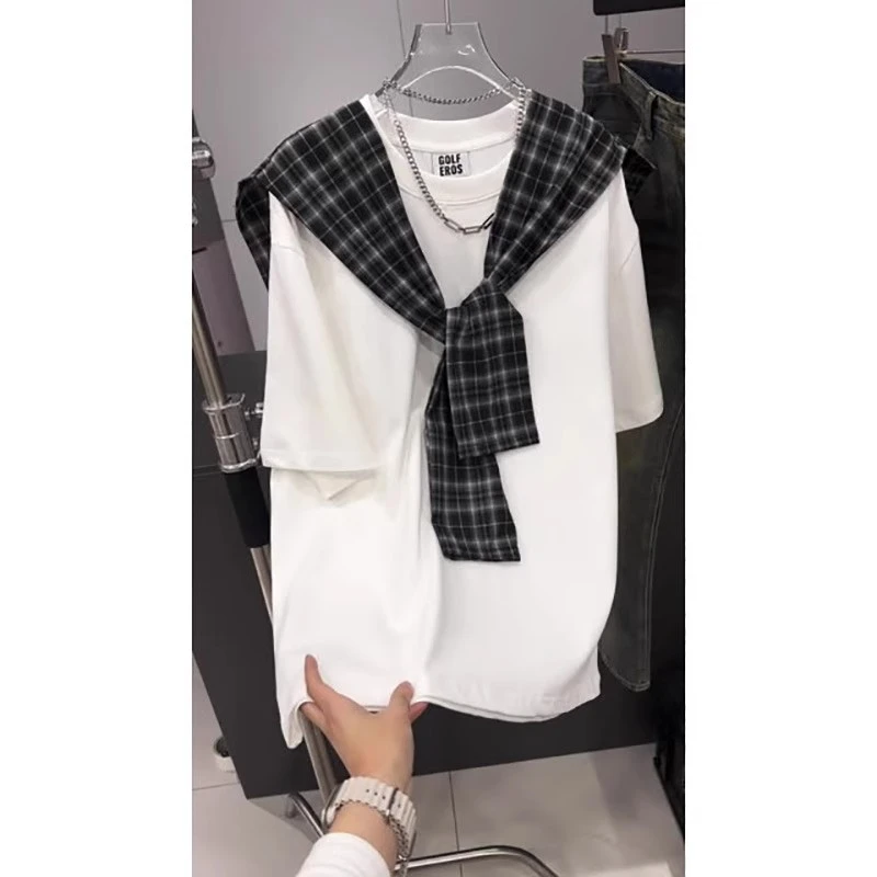 格子披肩假两件短袖男款夏季设计感小众t恤重磅情侣宽松五分半袖