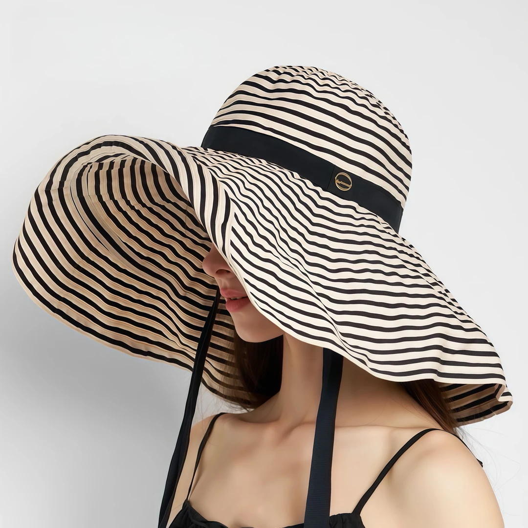 松本月·外贸新款帽子防紫外线飘带度假可折叠伞式遮阳大帽檐