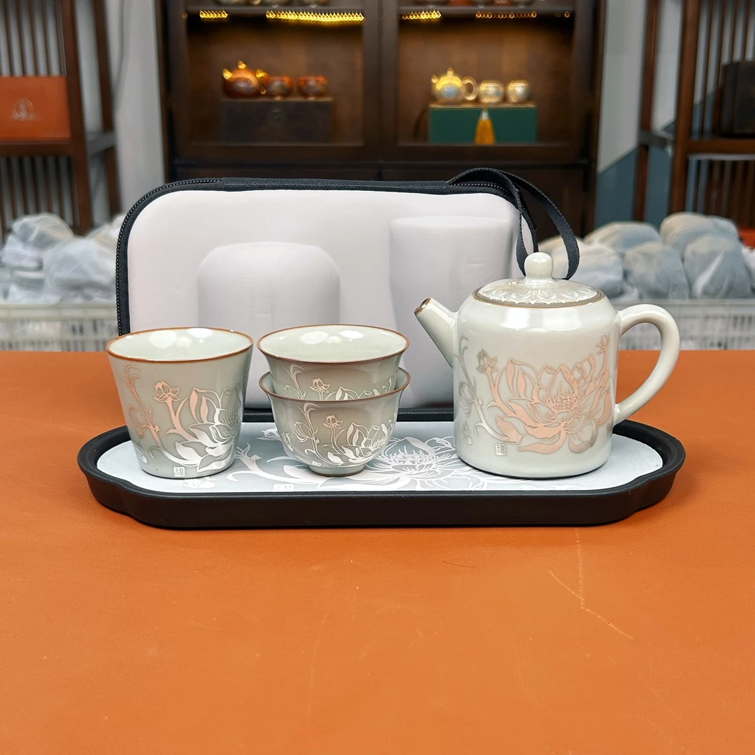 KZH0060-掐丝银莲花一壶三杯旅行套+莲花干泡茶盘
