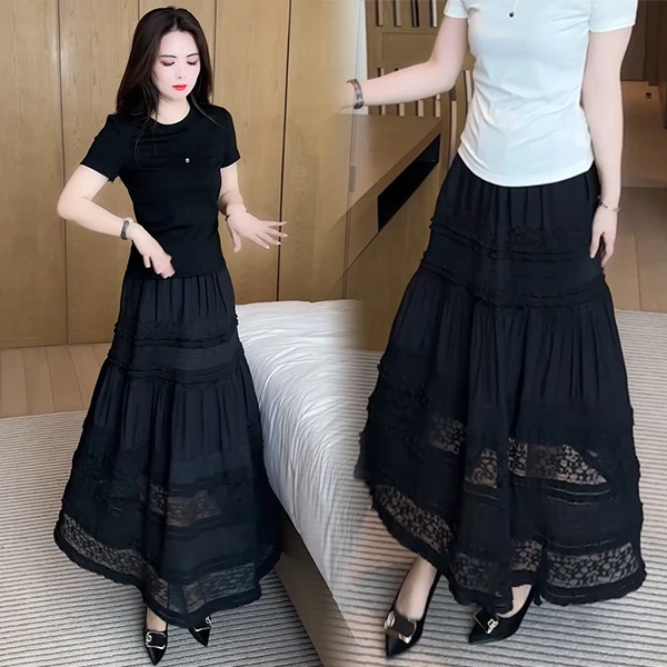 伞裙半身裙气质拼接洋气蕾丝套装镂空裙子高腰松紧设计感2501
