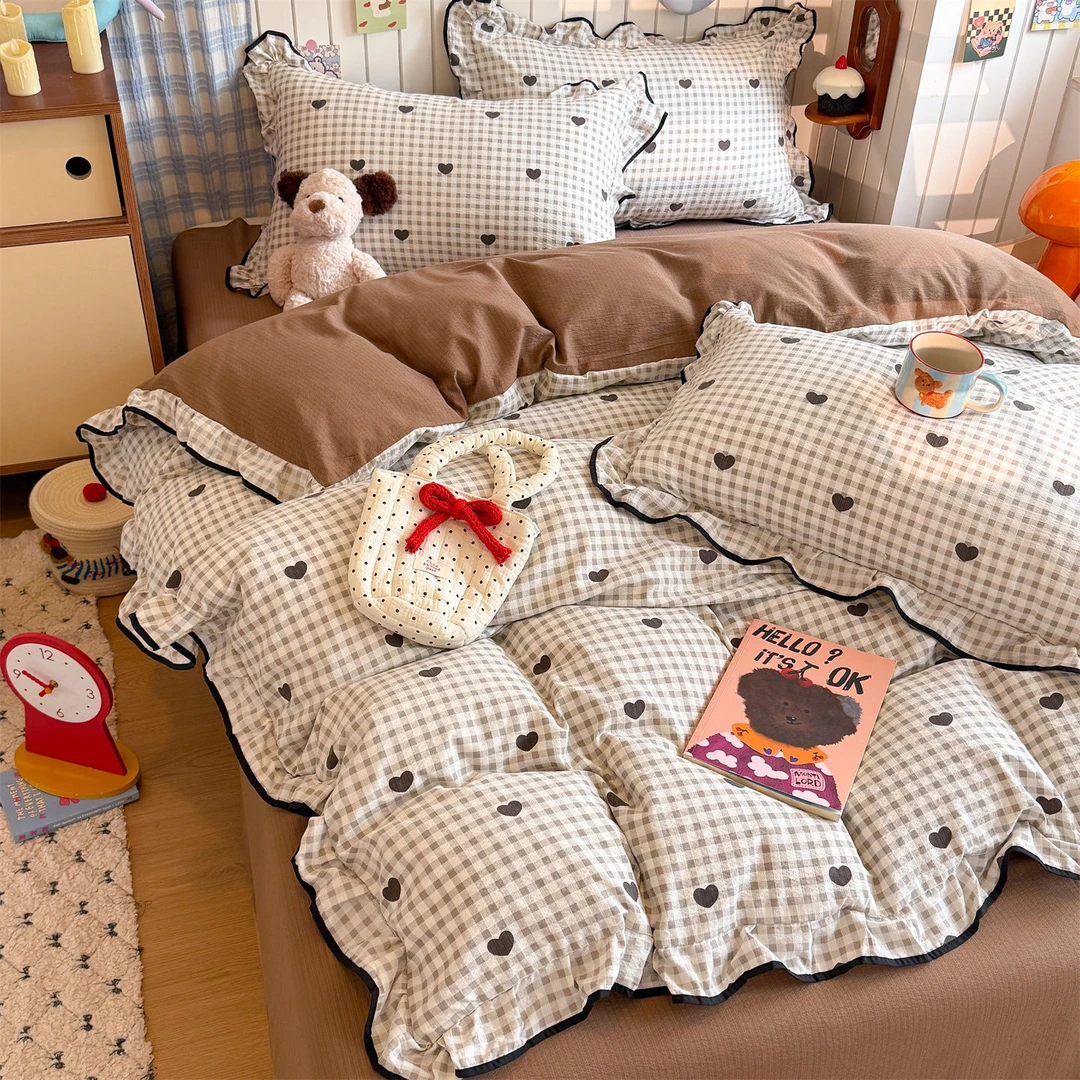 新款皱皱双层纱类母婴级四季款床上用品花边四件套 学生宿舍被套