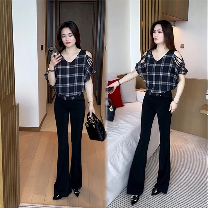 格子修身型短袖蝙蝠袖雪纺衫气质百搭开叉休闲夏季高腰上衣韩版