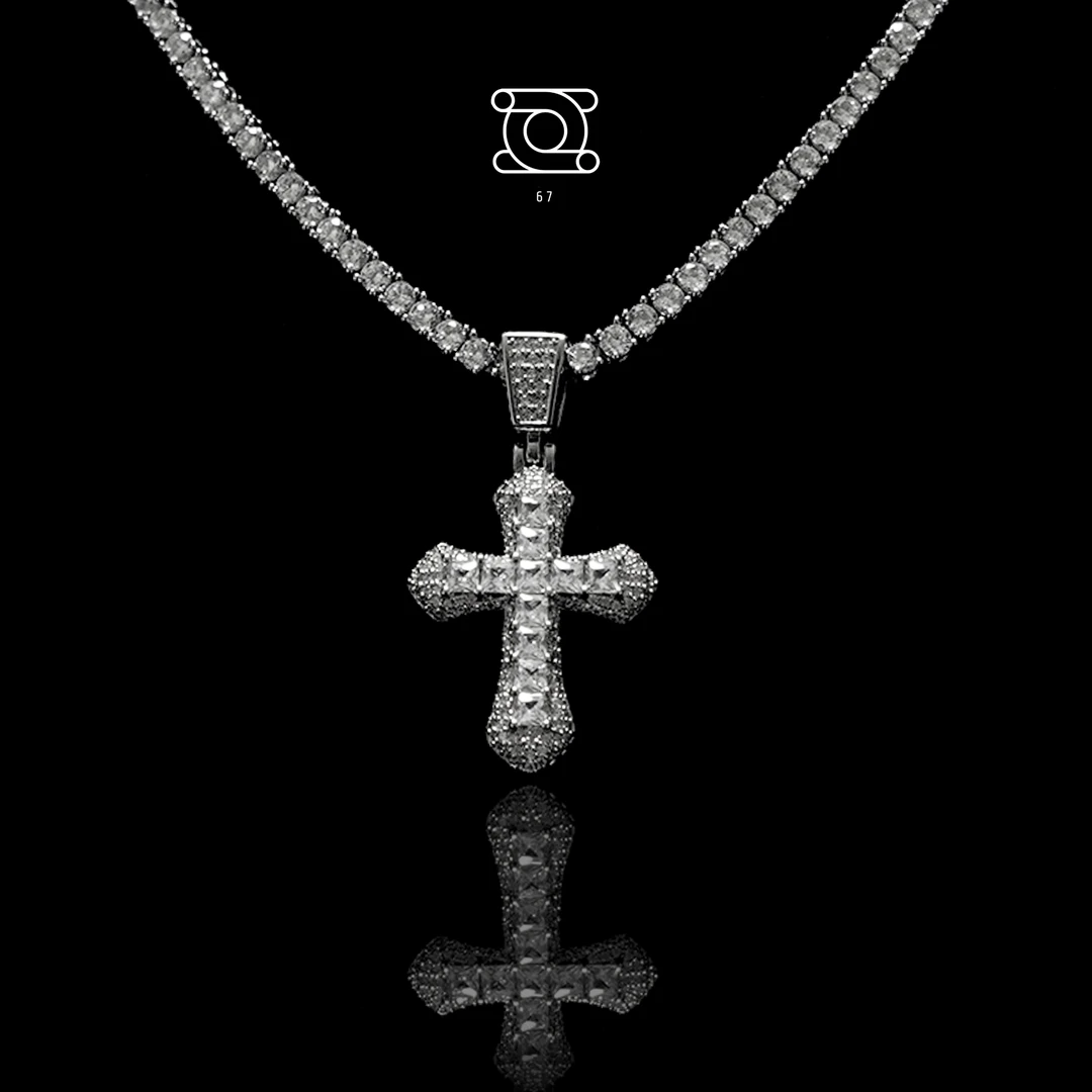 铜合成锆石项链 六七小号十字架吊坠搭配3mm网球链套装小众氛围感