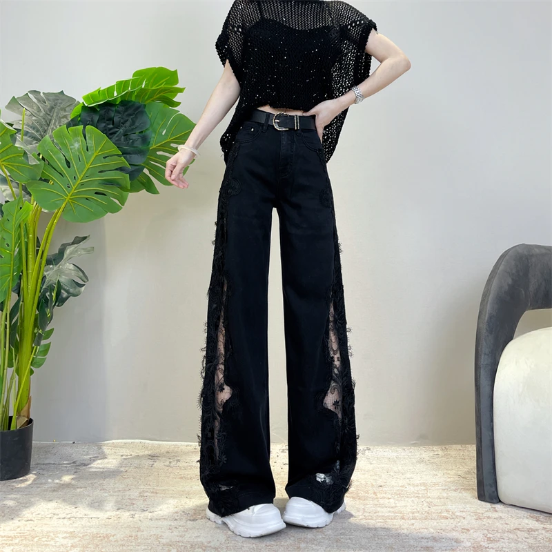 迪否2025新款女夏薄款时尚蕾丝镂空破洞阔腿牛仔裤窄版直筒裤6107