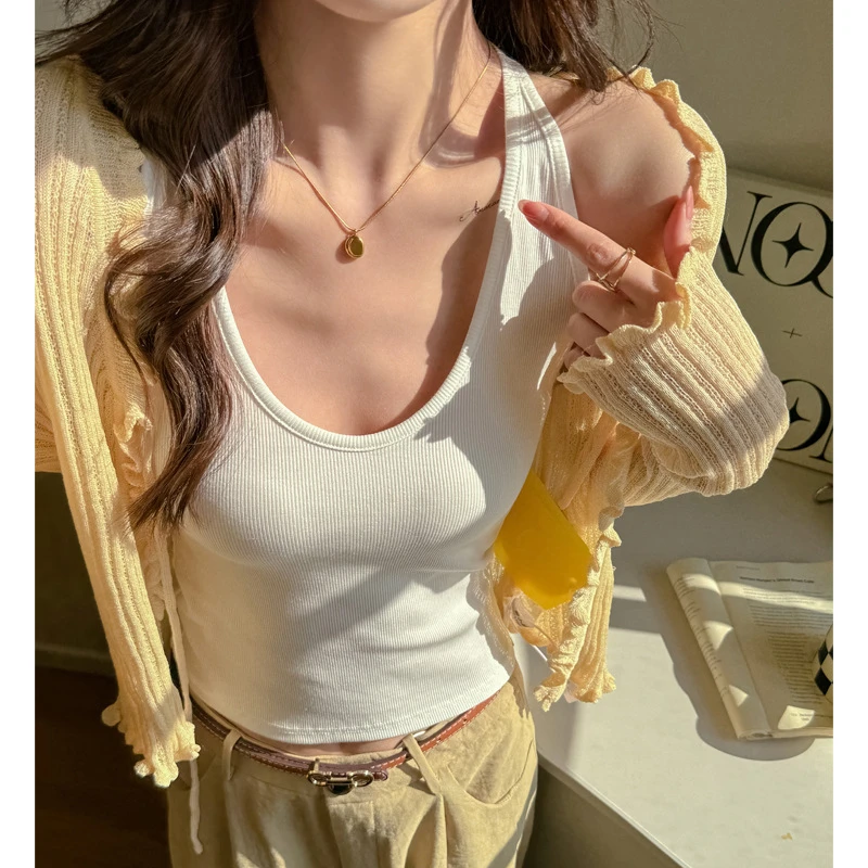 挂脖女士上衣吊带背心工字U领美背修身外穿遮副乳女士上衣