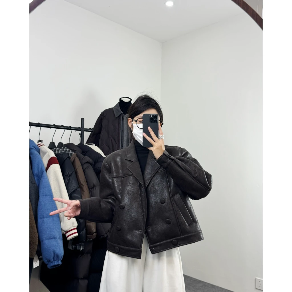 机车外套～95复古百搭荔枝皮纹理加厚毛毛皮外套