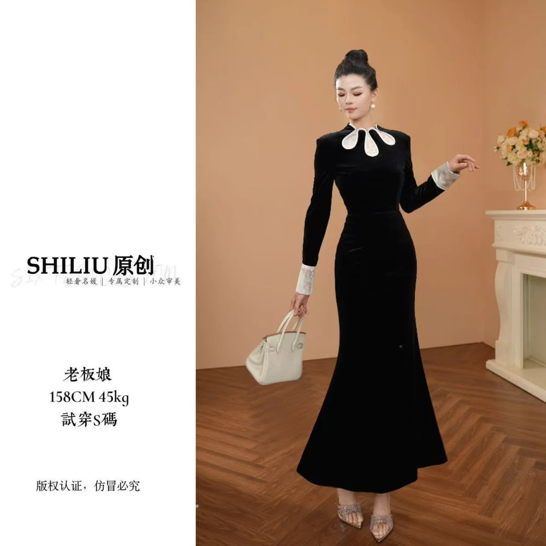 【十六定制】新中式水滴领黑色连衣裙秋冬高级感旗袍长裙41954