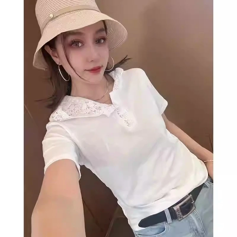 2025夏季新款韩版纯色蕾丝连帽短袖T恤女百搭洋气别致休闲上衣潮