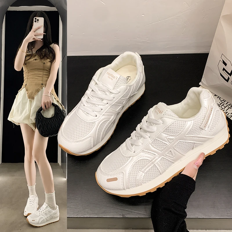 复古网面透气德训阿甘鞋女2025春夏新款厚底休闲百搭显脚小运动鞋