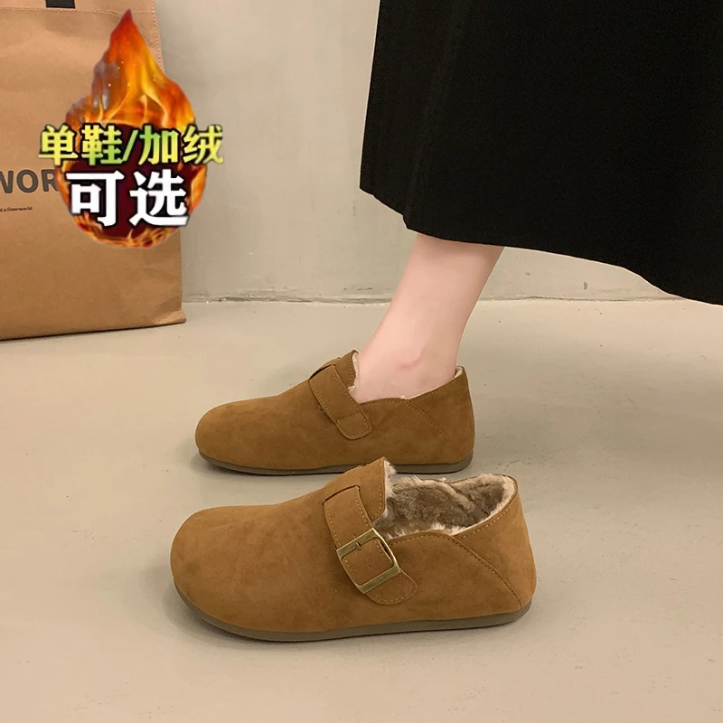 加绒勃肯鞋女2025新款秋冬一脚蹬内增高棉鞋两穿大码41-43豆豆鞋