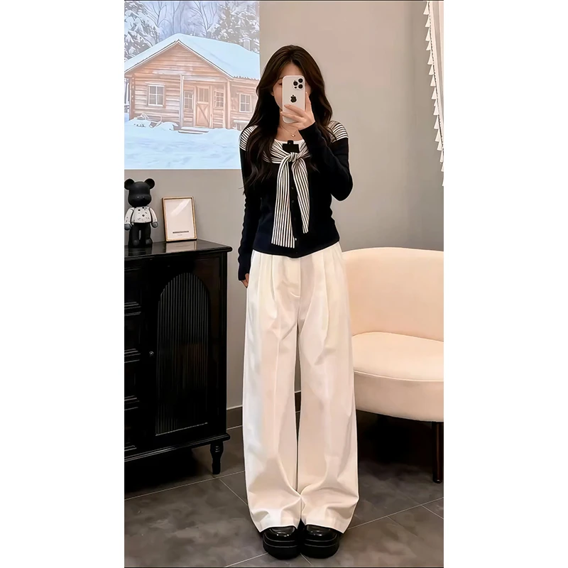 2025秋季新款女韩系穿搭假两件条纹长袖上衣百搭高腰显瘦阔腿长裤