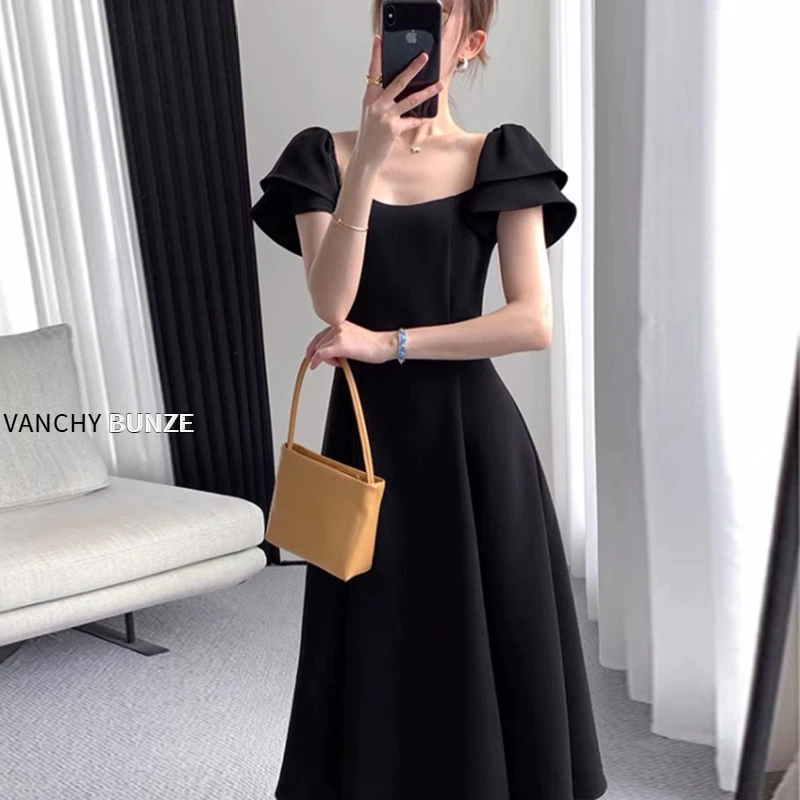 BUNZE 黑色连衣裙女2025夏季减龄气质收腰显瘦方领艺术感赫本长裙