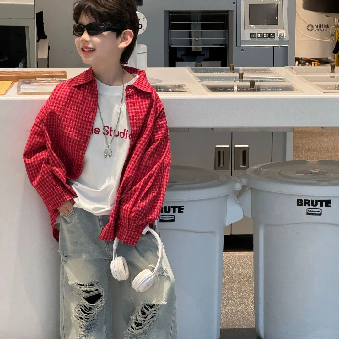 2025春季新款韩版男童美式设计感格子长袖衬衫儿童百搭上衣潮