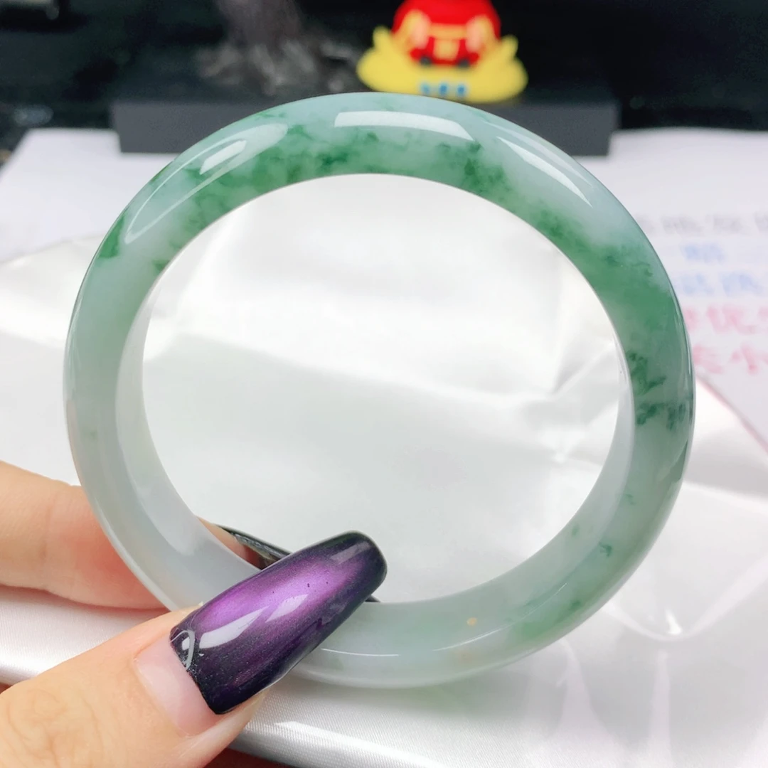 翡翠未镶嵌手镯翡翠57.6胶润糯化飘蓝花半山水正圈