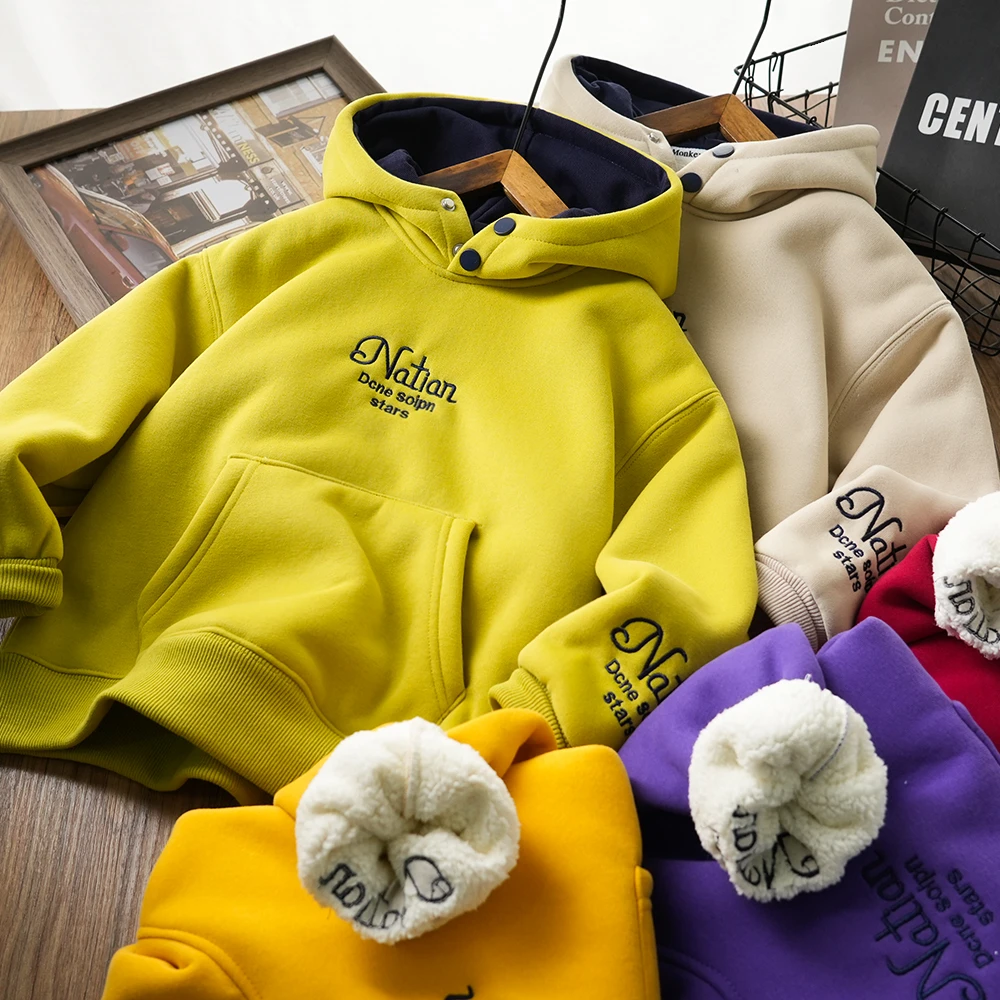 儿童秋冬字母刺绣口袋加厚连帽卫衣男童中大童加绒上衣5331