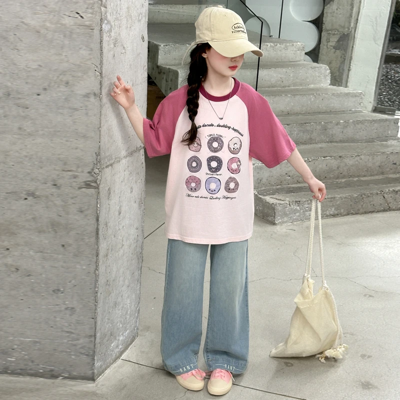 女童套装夏装2025夏季新款6-12岁15中大童女孩韩版拼色短袖两件套