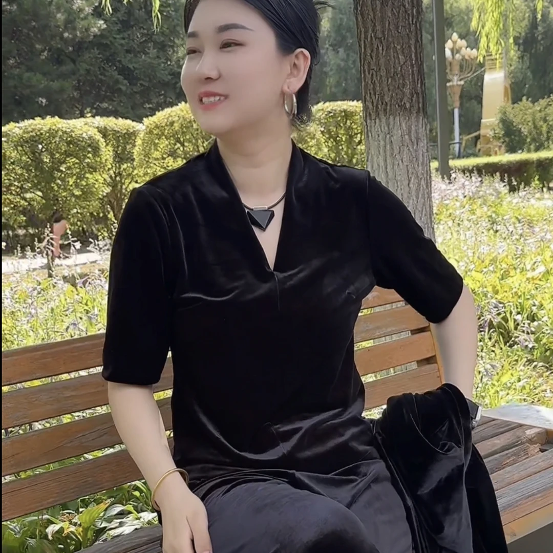 秋季新款丝绒包半袖衫（076款）衣长60