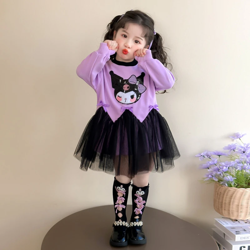 女童春装连衣裙洋气2025新款长袖库洛米纱裙春秋儿童宝宝拼接裙子