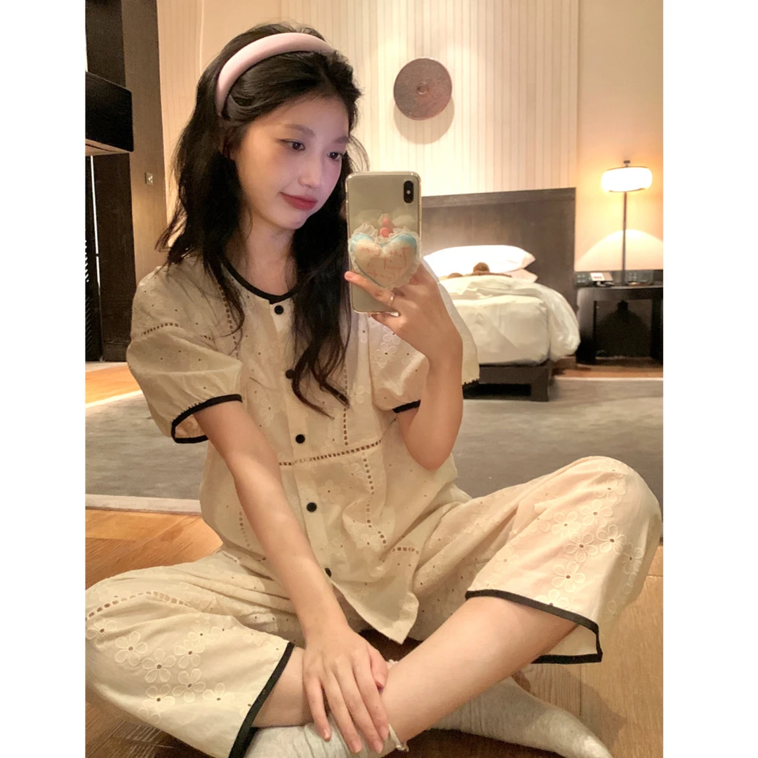 睡衣女夏季2025年新款法式小香风甜美蕾丝刺绣短袖长裤家居服套装