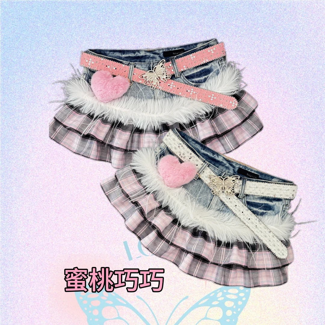 “草莓巧巧”-娜娜古着y2k手作牛仔拼接辣妹裙 可直拍