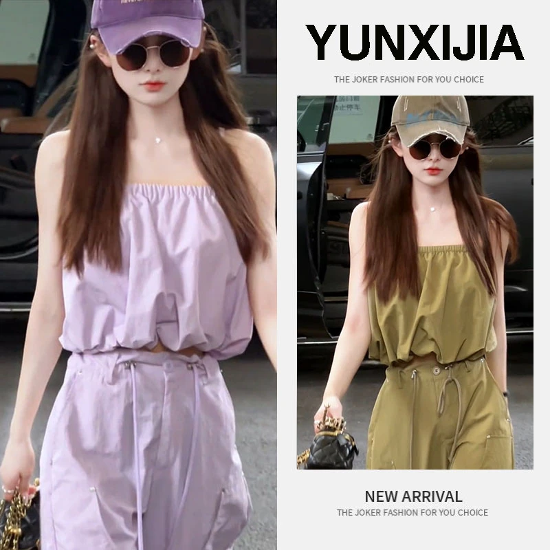 时尚套装女2025夏季新款甜辣酷拽工装风蓬蓬吊带上衣工装裤两件套