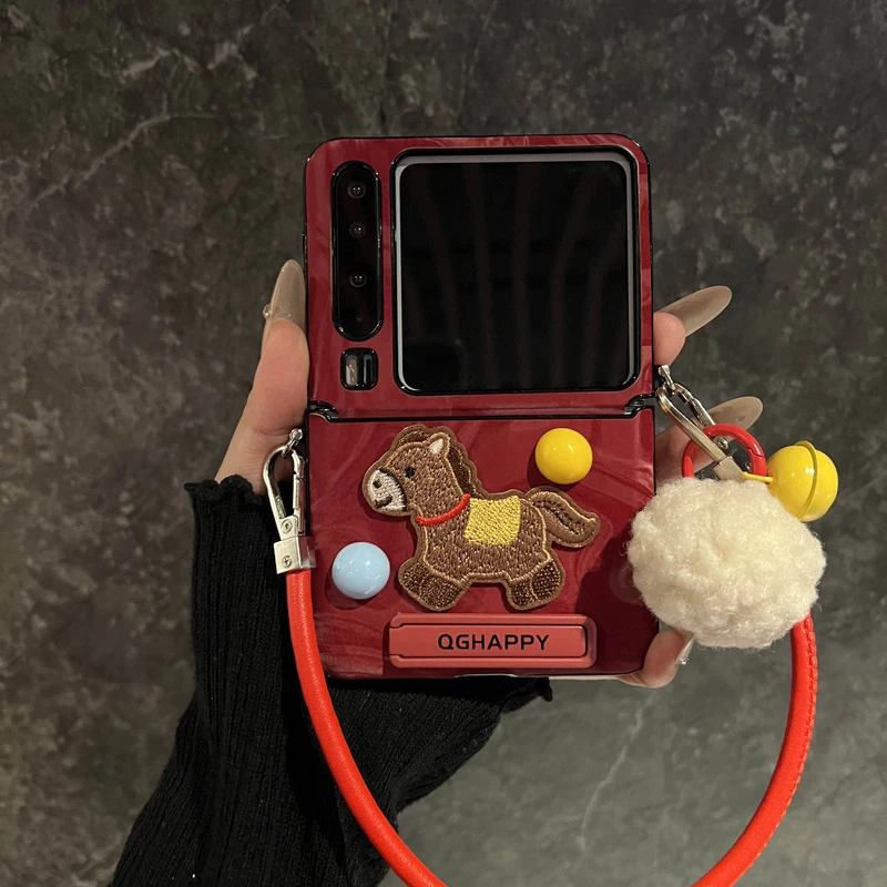 适用华为purax折叠屏手机壳复古红色立体圆珠刺绣小马支架pocket2