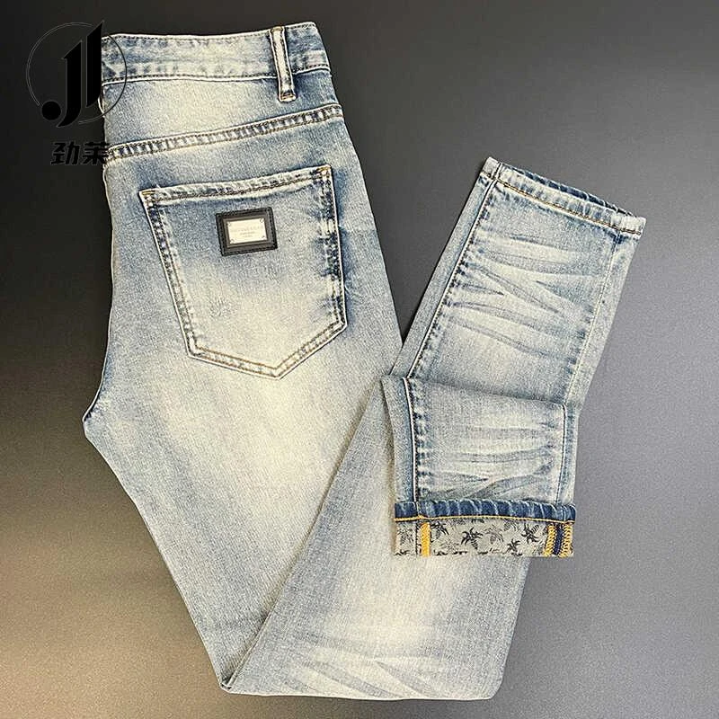 劲莱2025欧洲站高端浅色破洞牛仔裤男修身小脚韩版弹力长裤秋季款