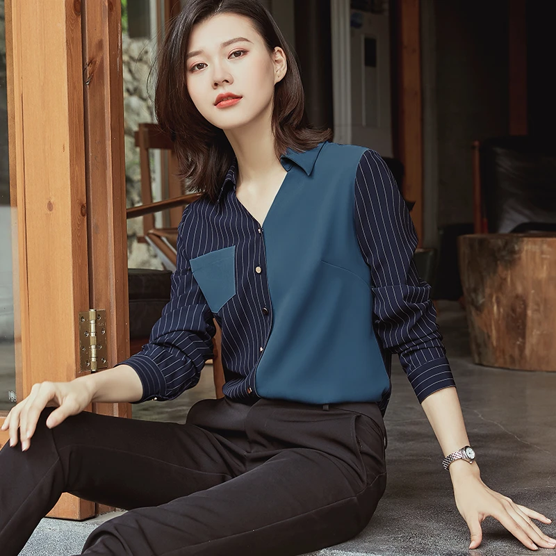 【曼贝宠粉节】曼贝9561藏青色短袖衬衫设计感百搭女士上衣气质显瘦