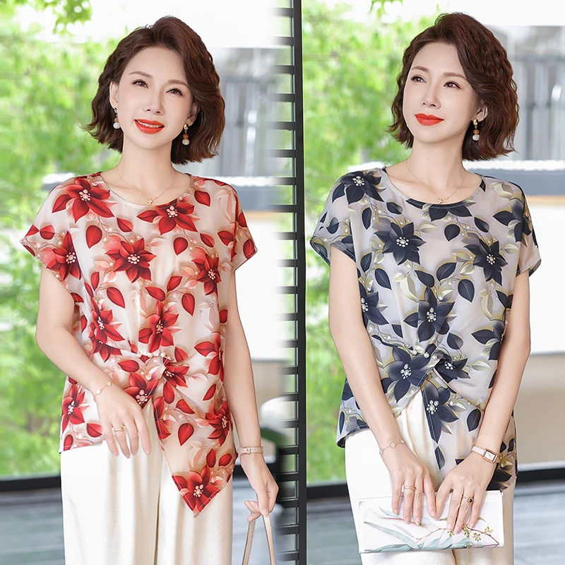 新款夏季时尚妈妈装短袖洋气小衫中老年女圆领夏装薄款T恤衫女