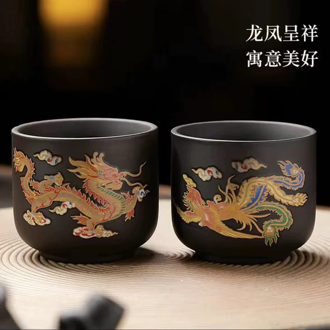 （43）紫砂龙凤呈祥变色桶杯一对