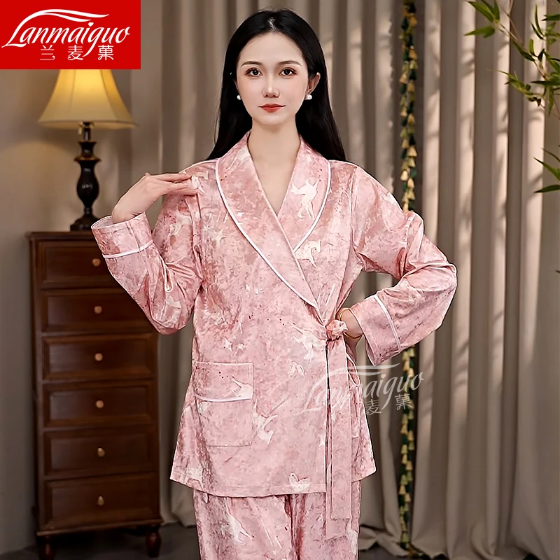 兰麦菓【金钻绒】2025秋冬季新款睡衣女套装青果领金丝绒系带家居服