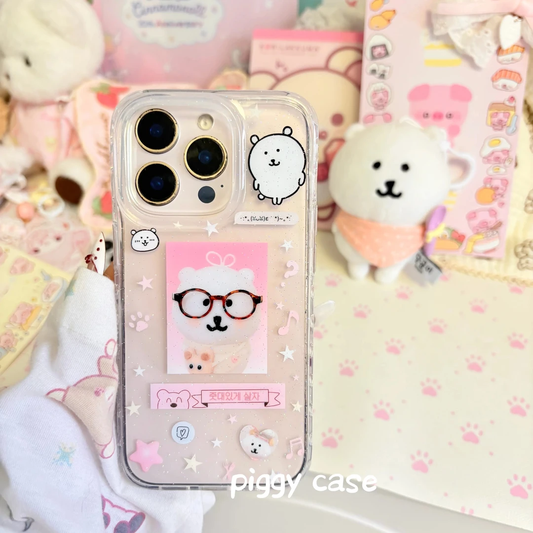 可爱自嘲熊证件照适用iPhone16promax苹果15手机壳14双层13细闪女