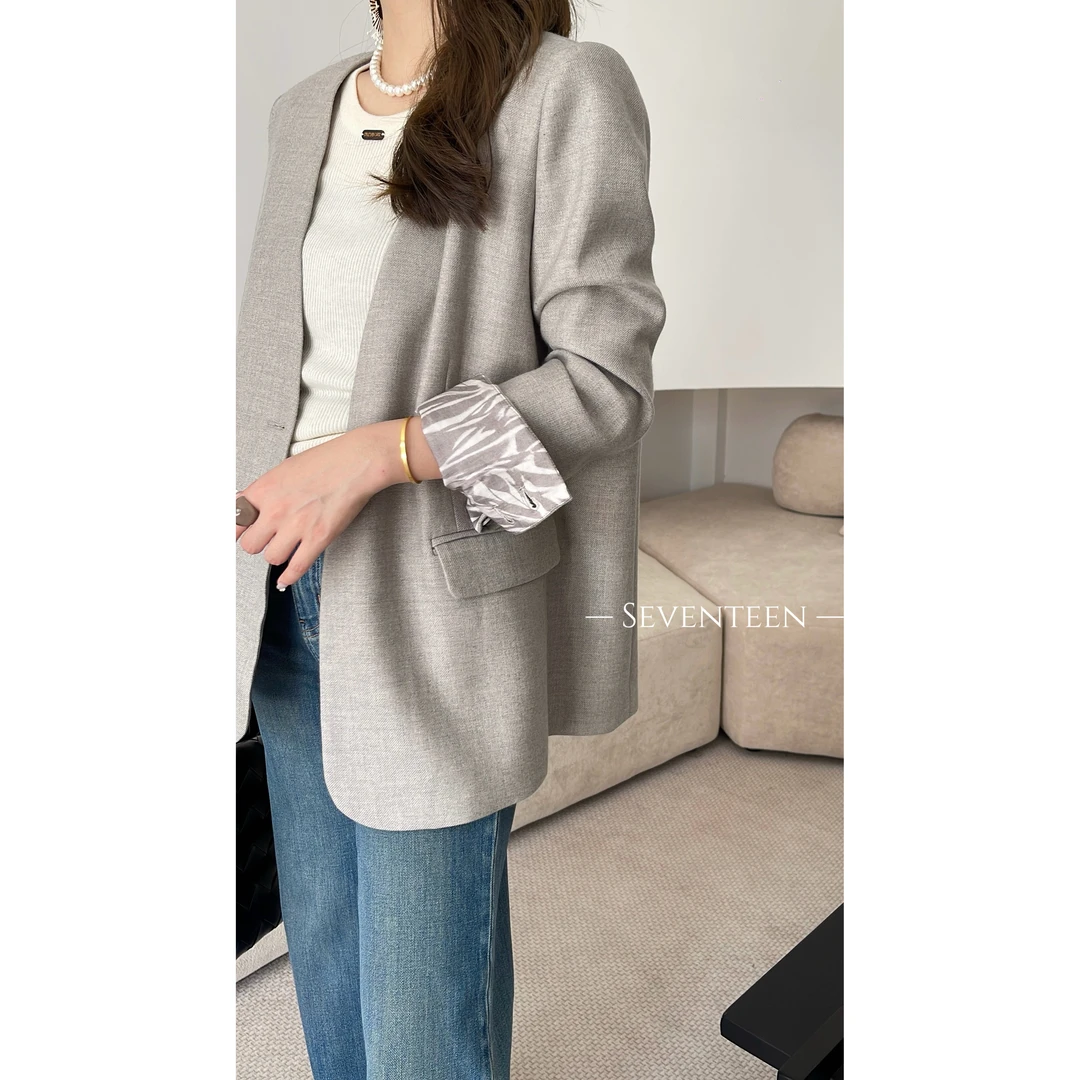 KIKI严选：83067-1-YFX家南油欧货袖口拼接V领高级感西装外套